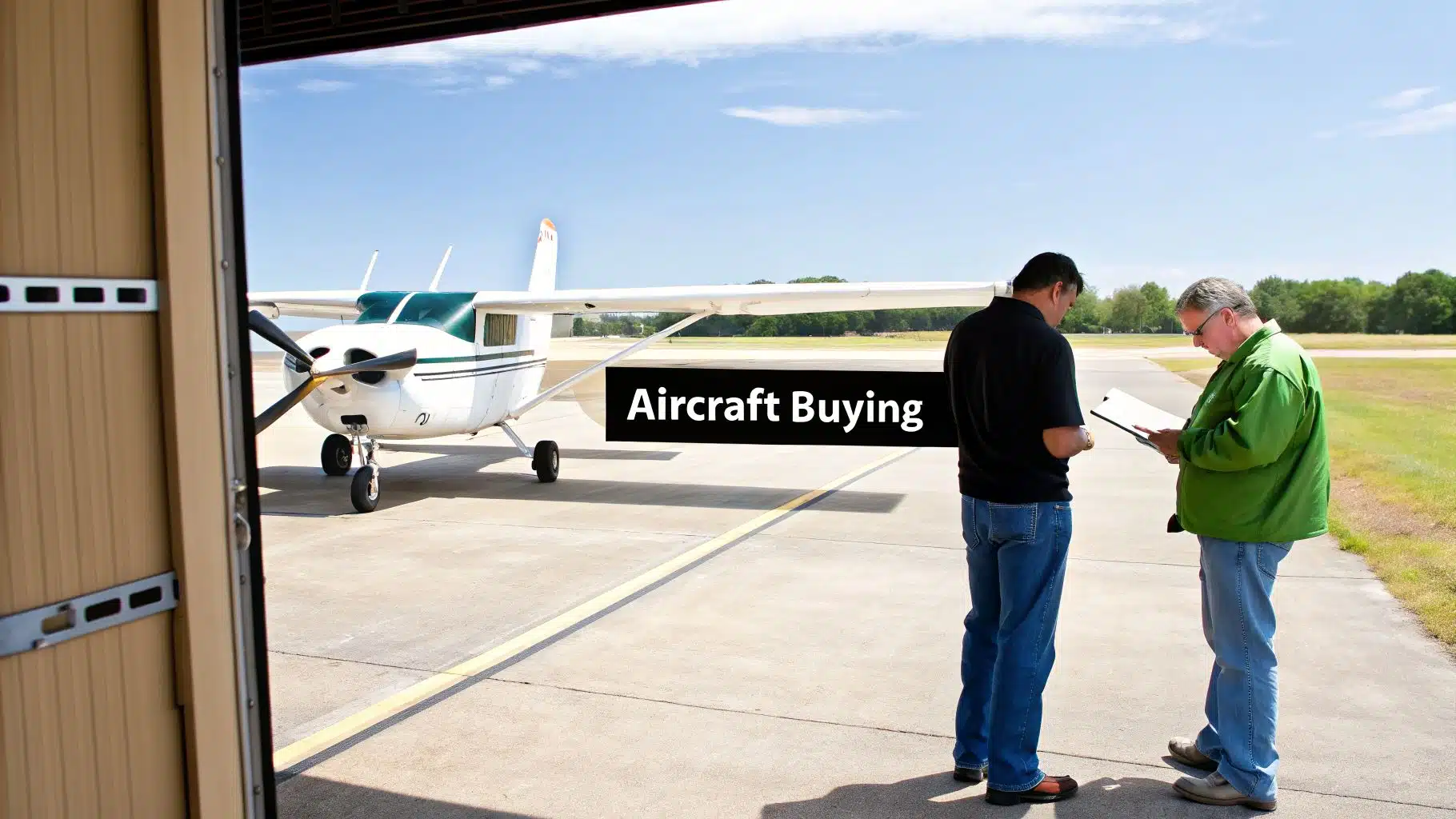 Pilot Training Los Angeles: Your path to pilot training los angeles 4 Two men discussing on an airfield next to a small white airplane, labeled "Aircraft Buying".