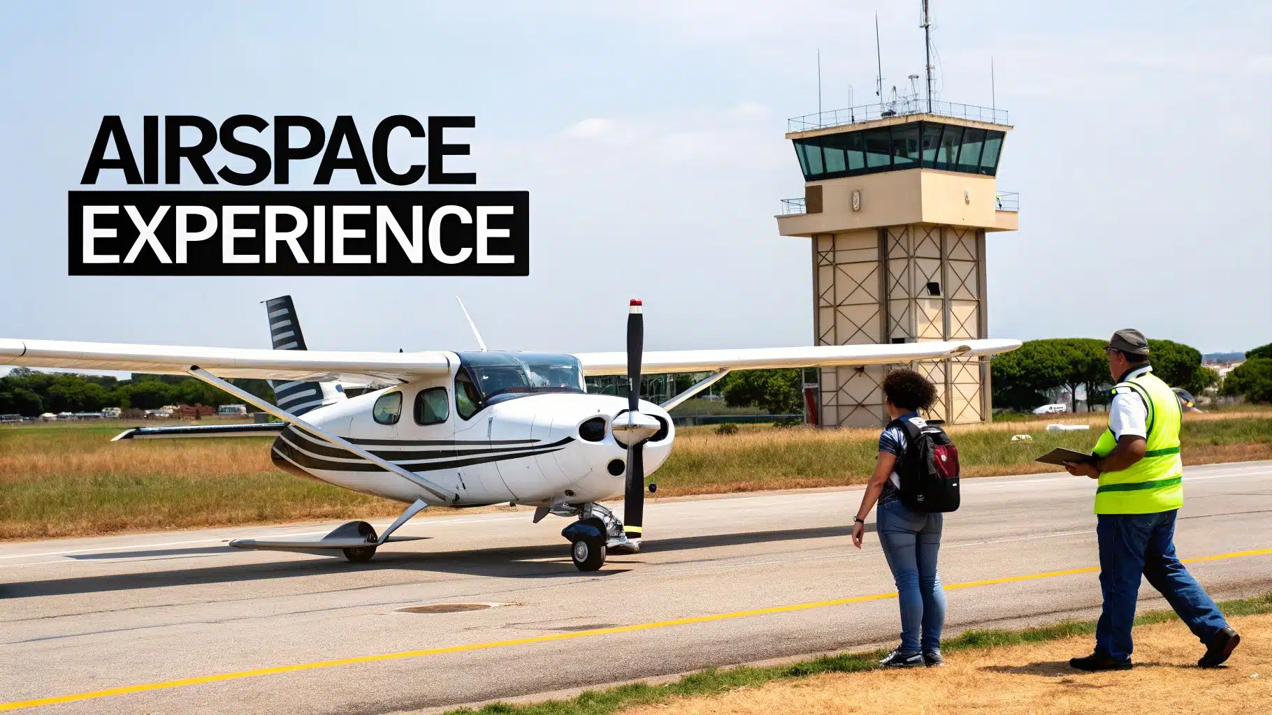 Pilot Training Los Angeles: Your path to pilot training los angeles 3 A small plane, control tower, and two people on an airfield with 'AIRSPACE EXPERIENCE' overlaid.