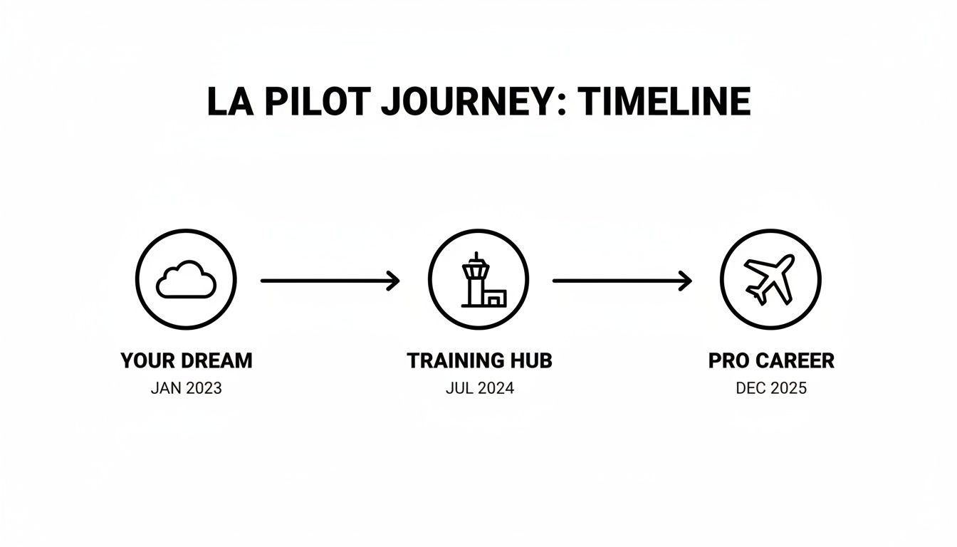 Pilot Training Los Angeles: Your path to pilot training los angeles 2 Timeline outlining the LA pilot journey: dream (Jan 2023), training hub (Jul 2024), and pro career (Dec 2025).