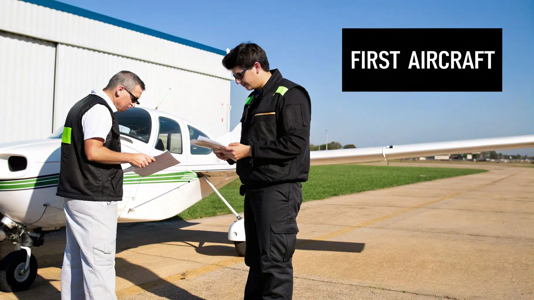 A Guide to Pilots Licence Age Requirements in 2026 5 Two pilots reviewing documents next to a small white airplane on an airfield with a hangar.