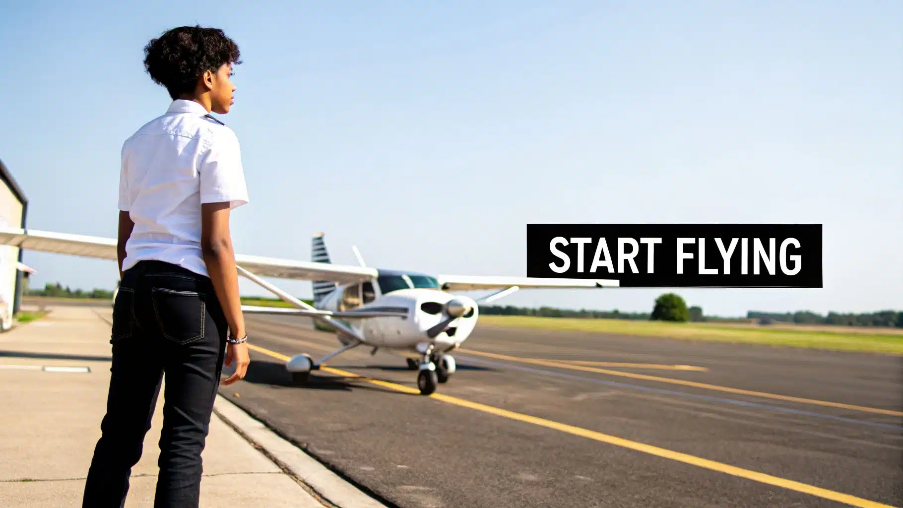 A Guide to Pilots Licence Age Requirements in 2026 3 A young pilot in uniform stands on an airfield, looking at a small plane with 'START FLYING' text.