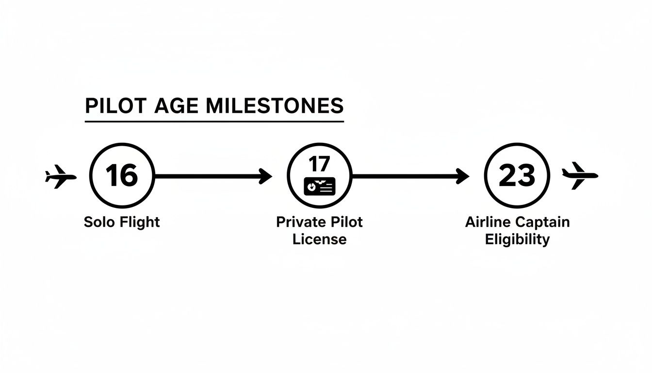 A Guide to Pilots Licence Age Requirements in 2026 2 A clear infographic showing pilot age milestones: Solo Flight at 16, Private Pilot License at 17, and Airline Captain Eligibility at 23.