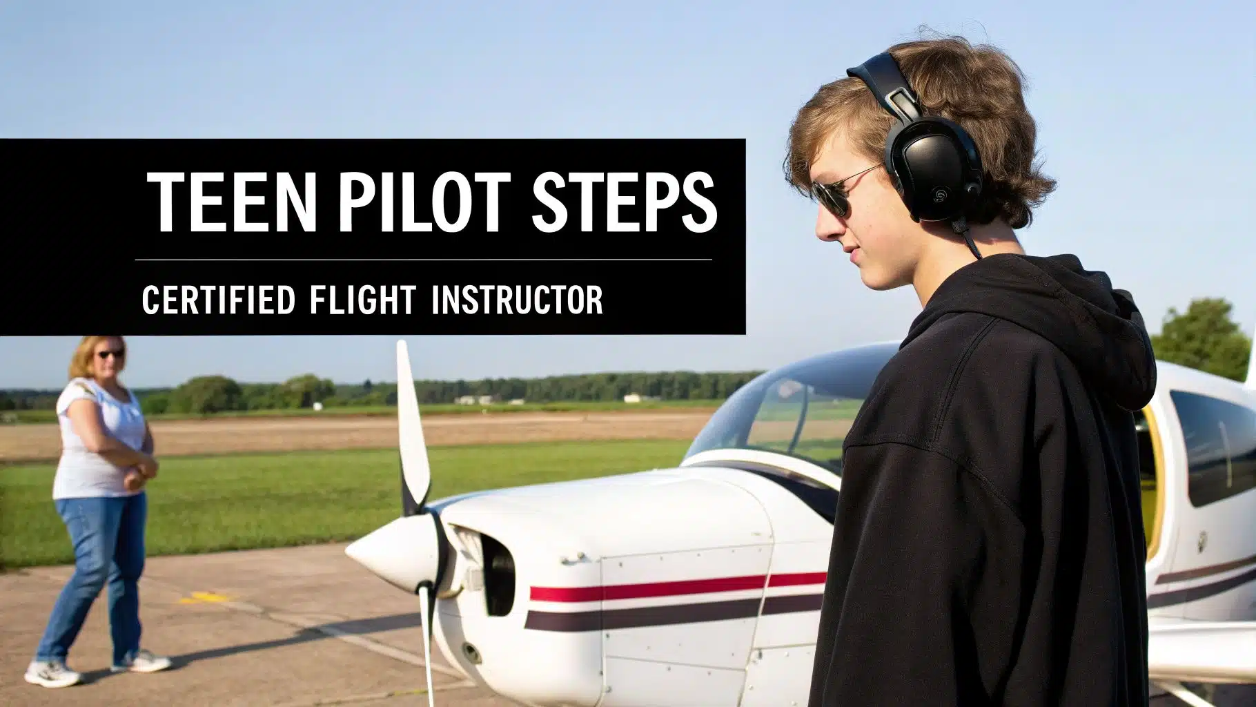 A Guide to Pilots Licence Age Requirements in 2026 4 A teen stands by a plane, with text 'TEEN PILOT STEPS' and 'CERTIFIED FLIGHT INSTRUCTOR'.