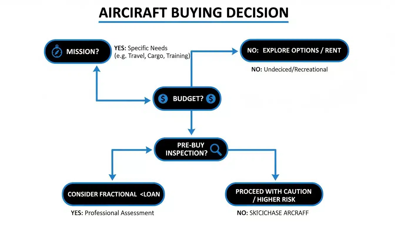 Piper Cherokee vs Cessna 172 An In-Depth Pilot Comparison 5 Flowchart illustrating the aircraft buying decision process, covering mission, budget, and pre-buy inspection.