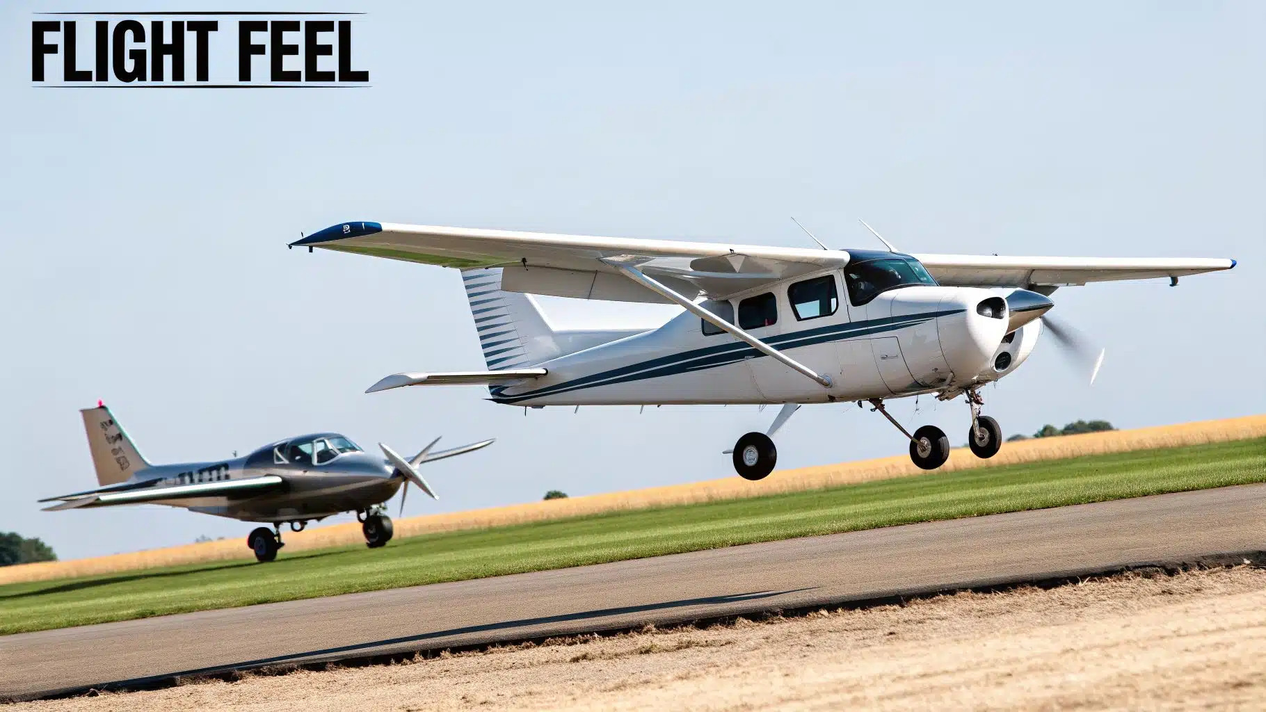 Piper Cherokee vs Cessna 172 An In-Depth Pilot Comparison 3 Two light aircraft: a white Cessna 172 taking off and a grey Piper Cherokee on the ground.