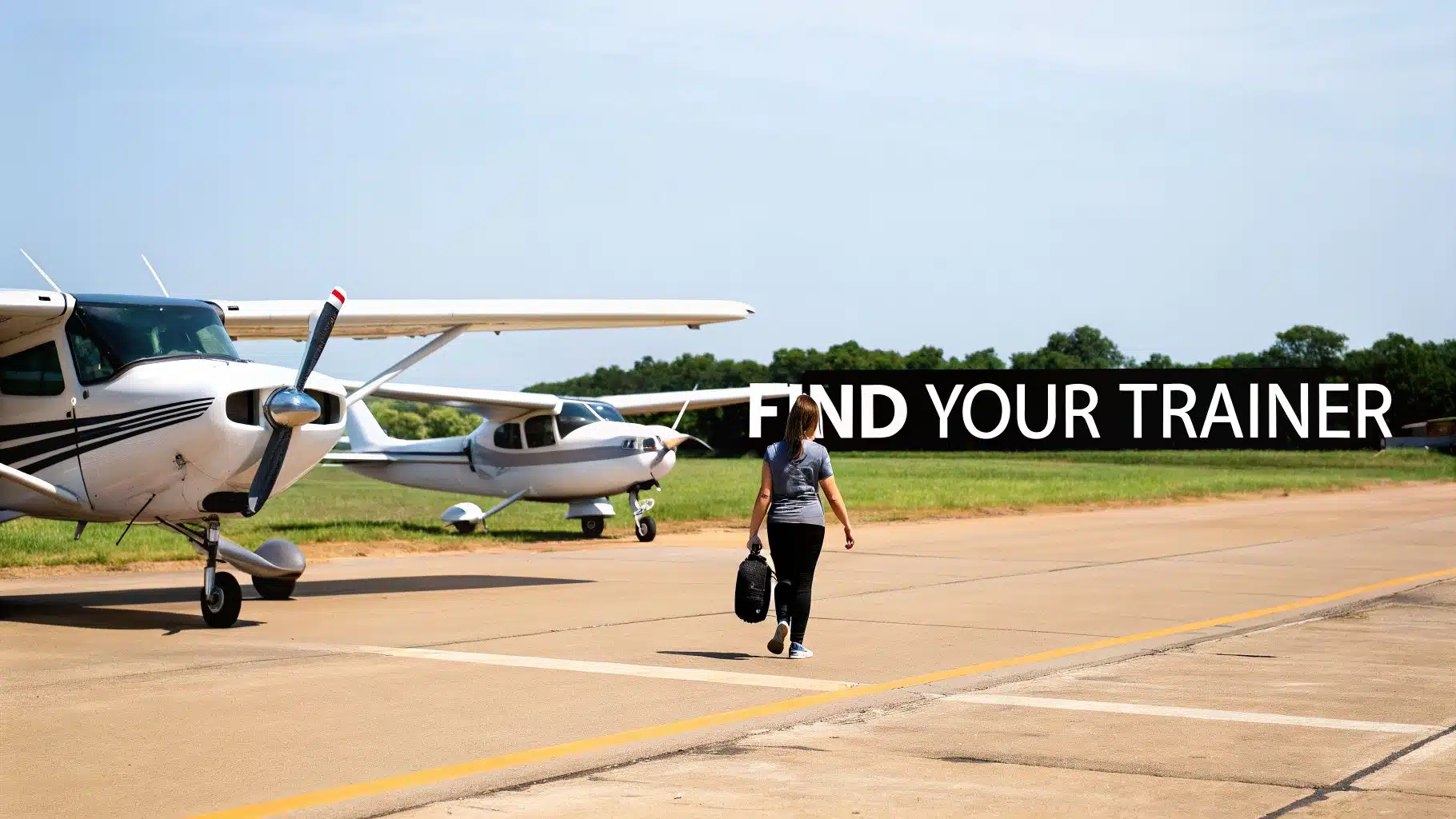 Piper Cherokee vs Cessna 172 An In-Depth Pilot Comparison 2 A woman walks across an airfield toward two small white airplanes, with text reading "FIND YOUR TRAINER".