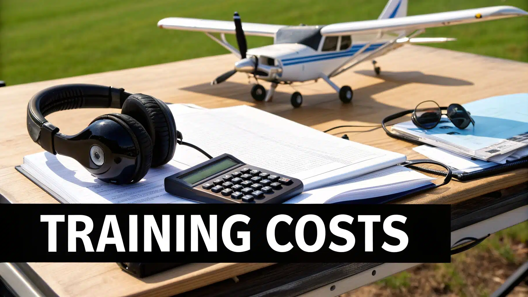 Piper Cherokee vs Cessna 172 An In-Depth Pilot Comparison 4 A table outdoors with a model airplane, headphones, calculator, papers, and sunglasses, featuring 'TRAINING COSTS'.