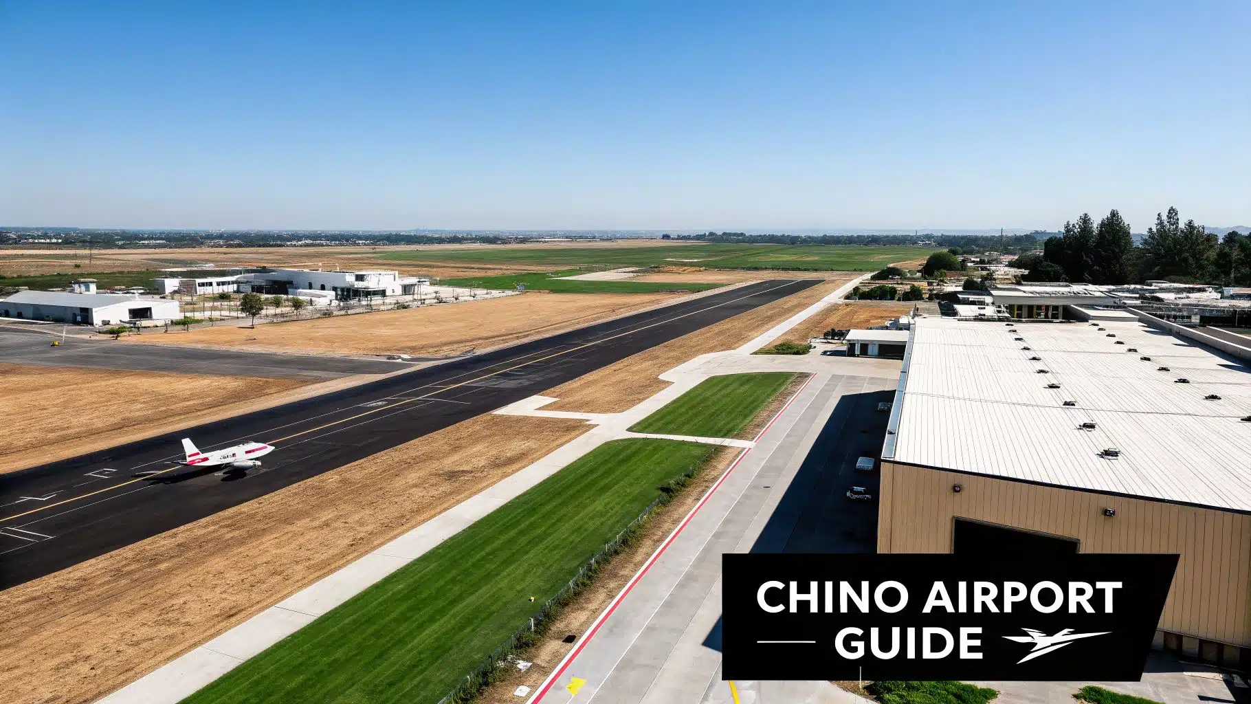 Threshold Aviation Chino Explained: A Pilot's Guide to KCNO 2 Aerial view of Chino Airport with a small plane on the runway, surrounded by buildings and fields.