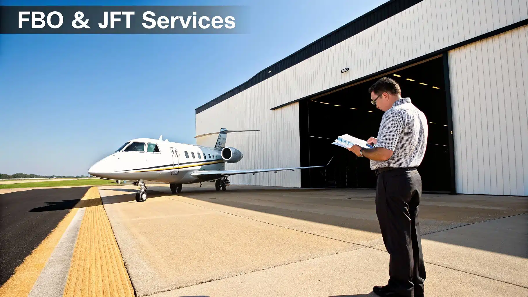 Threshold Aviation Chino Explained: A Pilot's Guide to KCNO 3 Private jet on tarmac with a man holding papers near an open hangar offering FBO services.