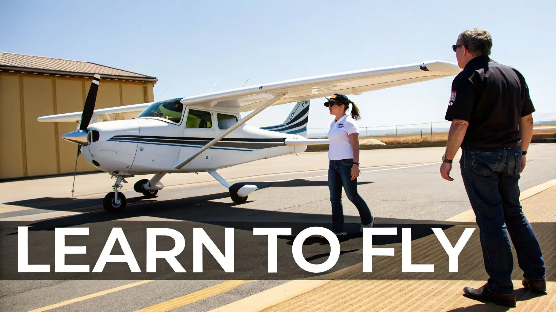 Threshold Aviation Chino Explained: A Pilot's Guide to KCNO 5 A woman and a man on an airfield next to a small white propeller plane, ready for flight training.