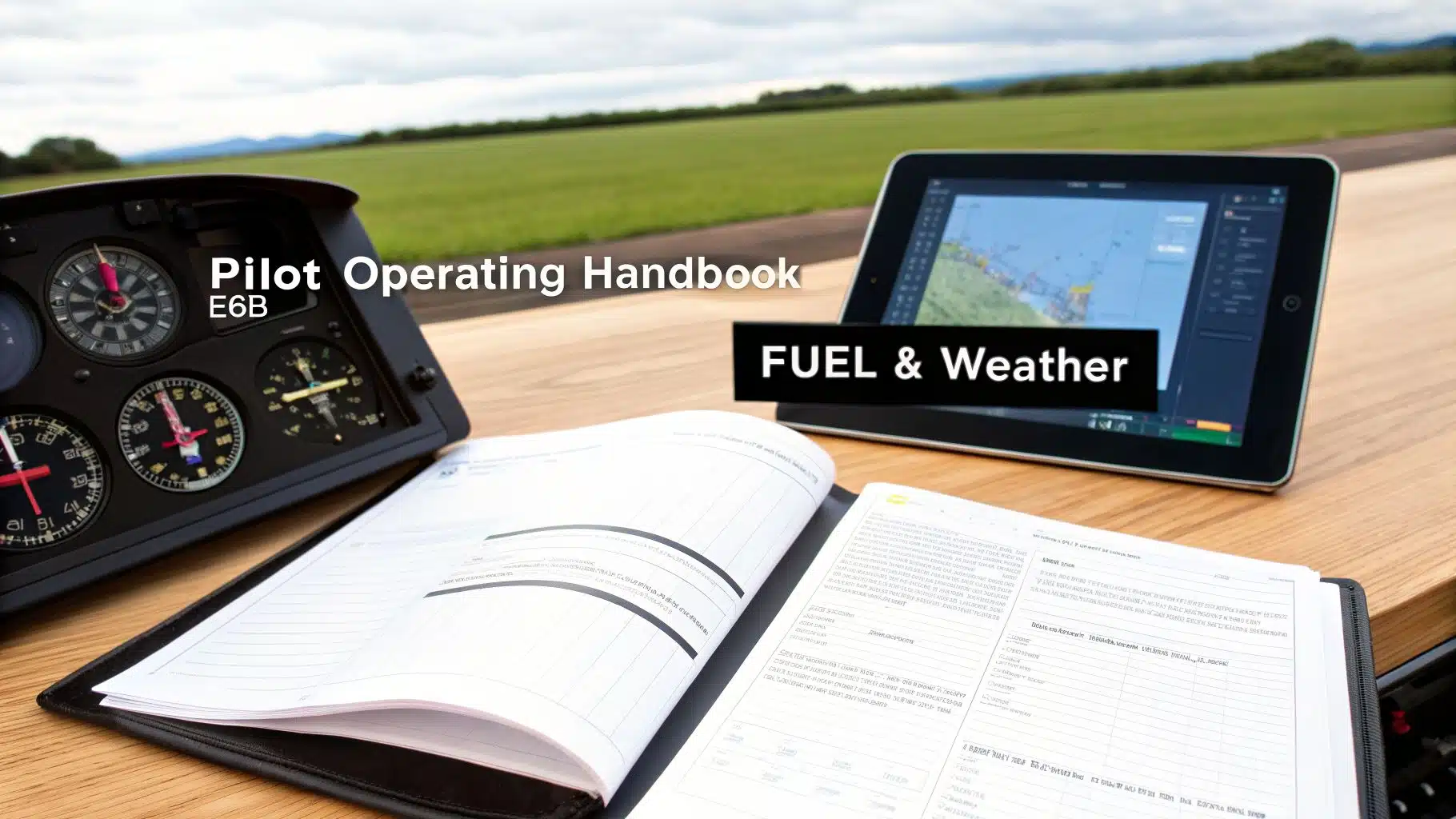 Master vfr cross country flight planning: Essential tips for pilots 5 A pilot's operating handbook, E6B flight computer, and tablet with a navigation map are on a table.