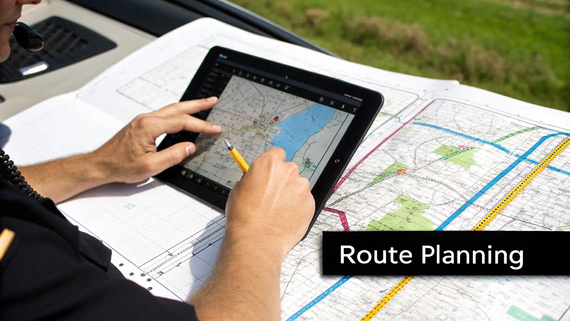 Master vfr cross country flight planning: Essential tips for pilots 4 A pilot uses a tablet and paper maps for route planning, pointing at the digital map with a pencil.