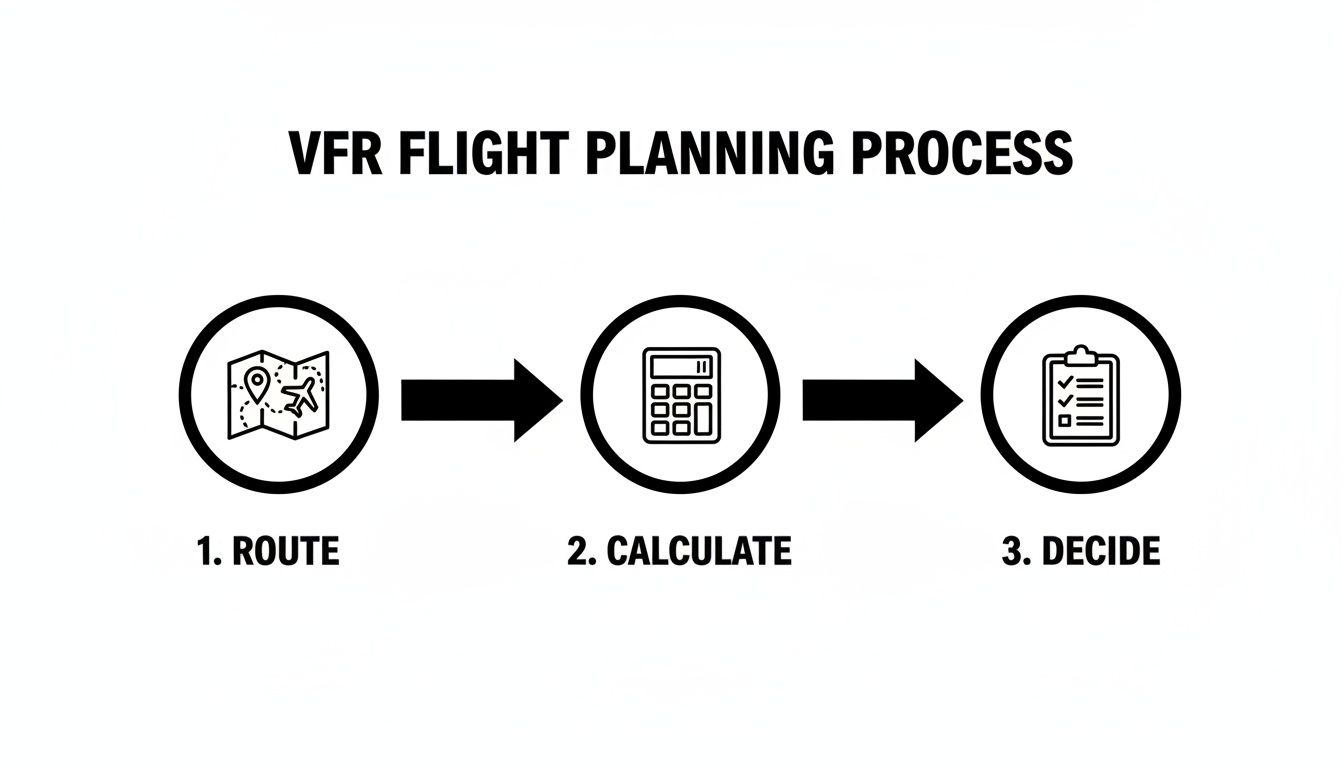Master vfr cross country flight planning: Essential tips for pilots 2 Diagram illustrating the VFR flight planning process with three steps: route, calculate, and decide.