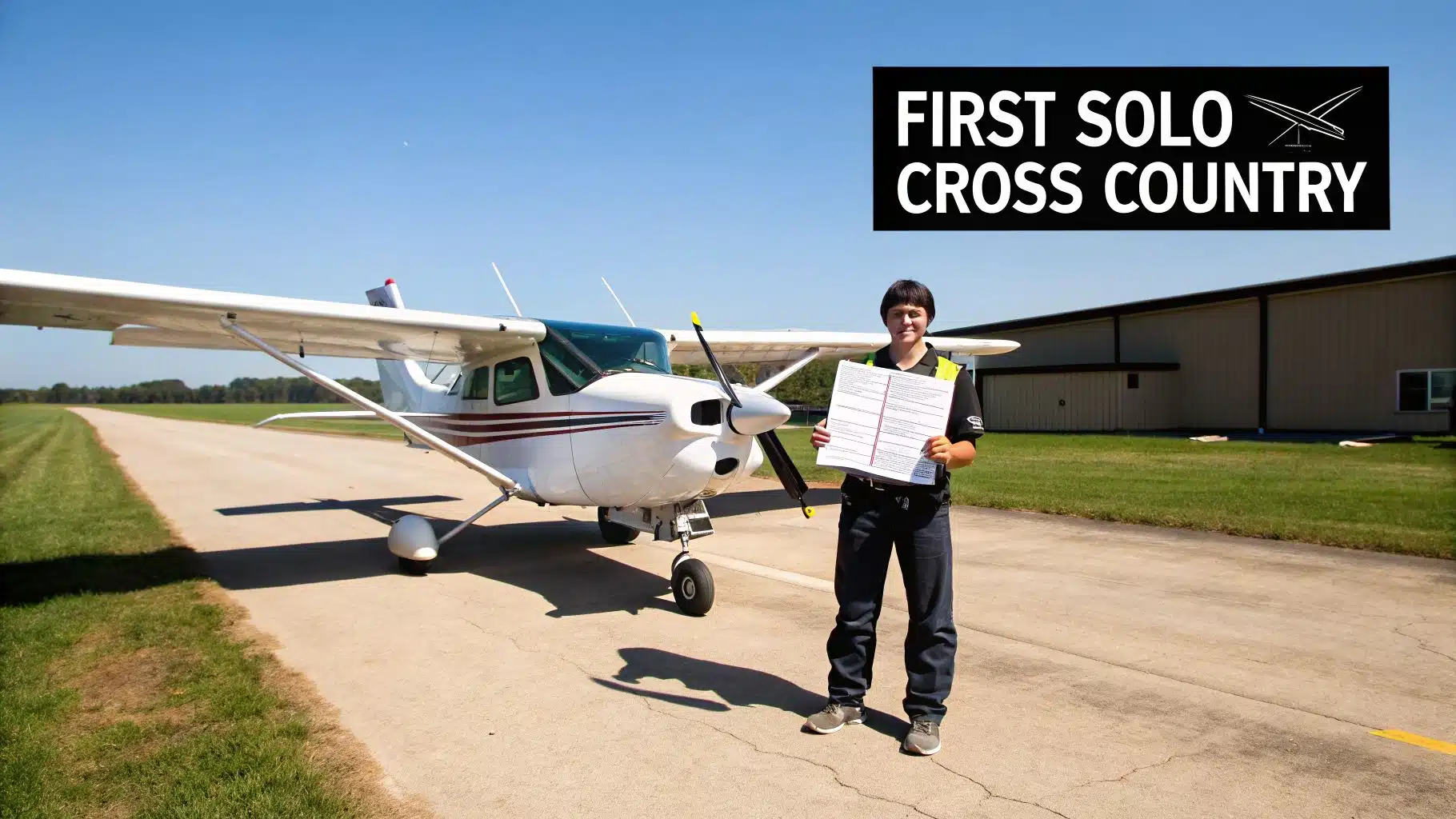 Master vfr cross country flight planning: Essential tips for pilots 3 A smiling pilot stands proudly next to a small plane, holding documents after their first solo cross-country flight.