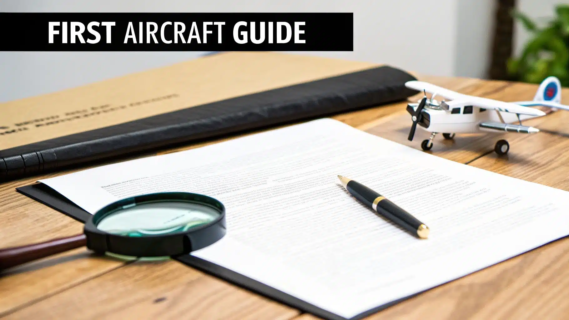 What Does It Take to Become a Pilot? Your 2026 Flight Plan 4 Desk with 'First Aircraft Guide' banner, papers, magnifying glass, pen, and model airplane.