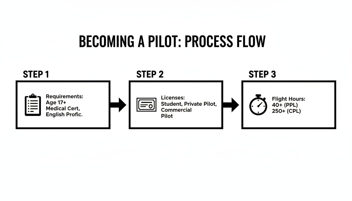 What Does It Take to Become a Pilot? Your 2026 Flight Plan 2 A three-step process flow chart illustrating how to become a pilot, covering requirements, licenses, and flight hours.