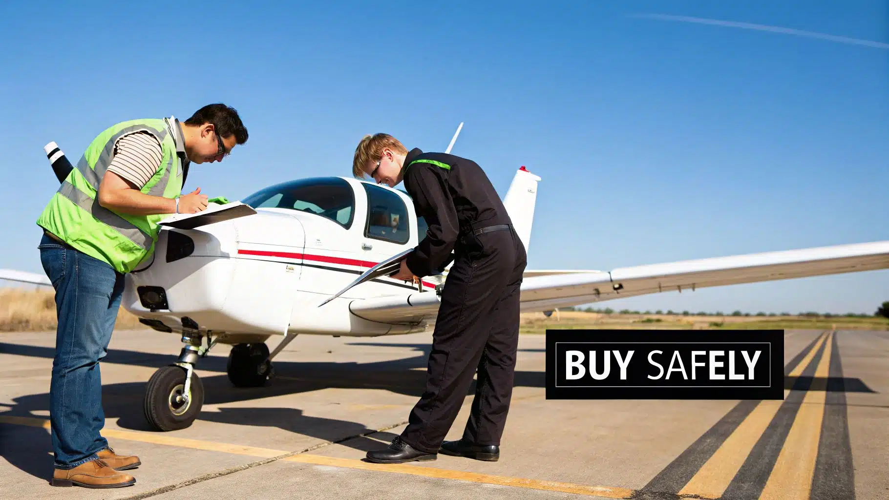 What Is a Regional Airline? Your Career and Ownership Guide 4 Two men in work attire inspecting a small white airplane on an airfield under a clear blue sky, with a 'BUY SAFELY' overlay.