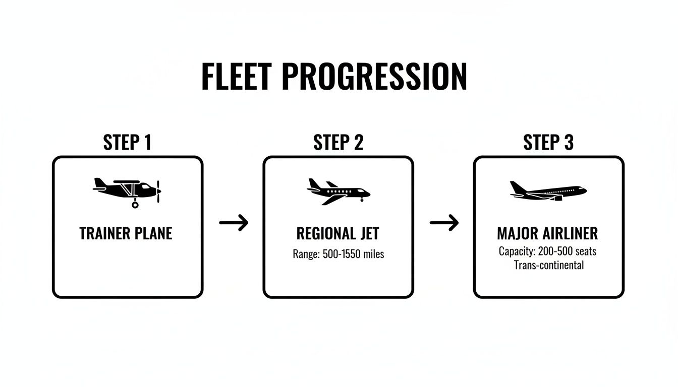 What Is a Regional Airline? Your Career and Ownership Guide 3 An infographic showing the progression of an airline fleet from trainer plane to regional jet to major airliner.