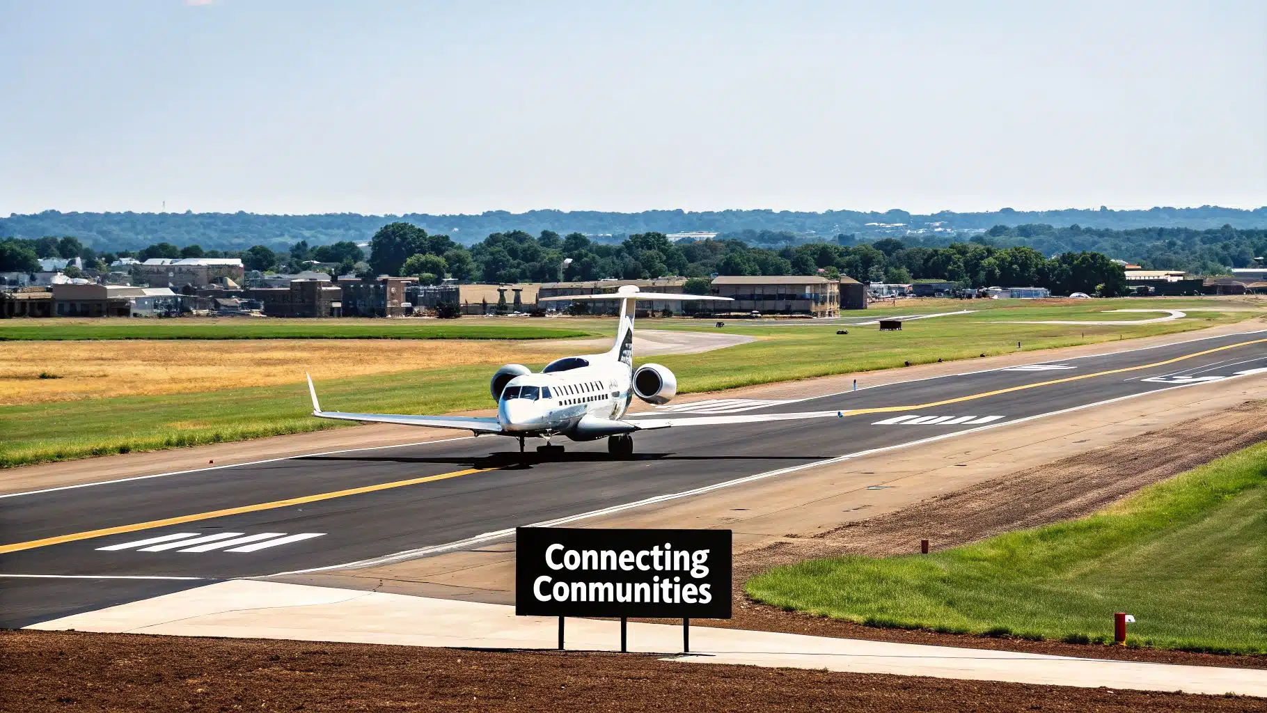 What Is a Regional Airline? Your Career and Ownership Guide 2 A sleek white private jet taxis on an airport runway, with a 'Connecting Communities' sign in the foreground.