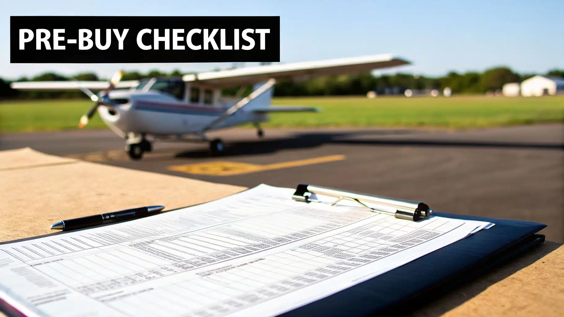 Discover what is the average salary of a pilot in 2026 4 A pre-buy checklist on a clipboard with a pen, with a small airplane on an airfield in the background.