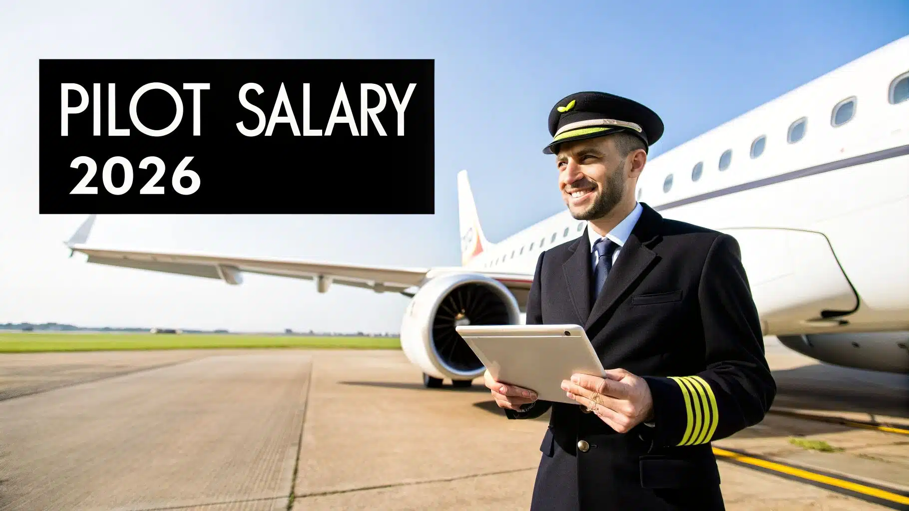 Discover what is the average salary of a pilot in 2026 2 Smiling male airline pilot in uniform holding a tablet on an airport tarmac with an airplane.