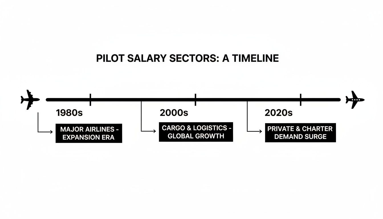 Discover what is the average salary of a pilot in 2026 3 Timeline of pilot salary sectors, highlighting major airline expansion, cargo growth, and private jet demand.