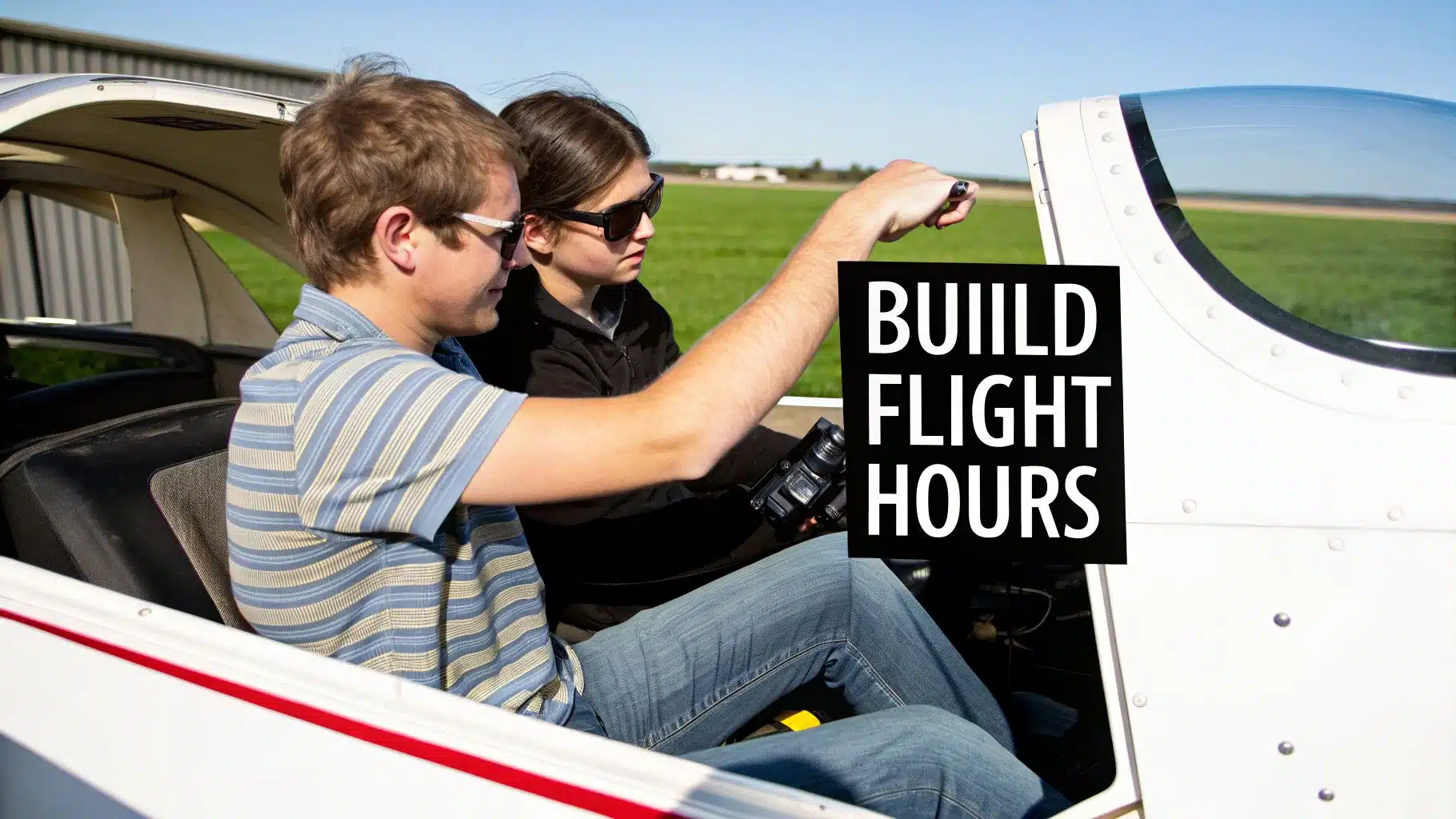 The Top 12 Aviation Jobs for Pilots in 2026: A Career Roundup 2 Two people, a flight instructor and student, in a cockpit learning to build flight hours.