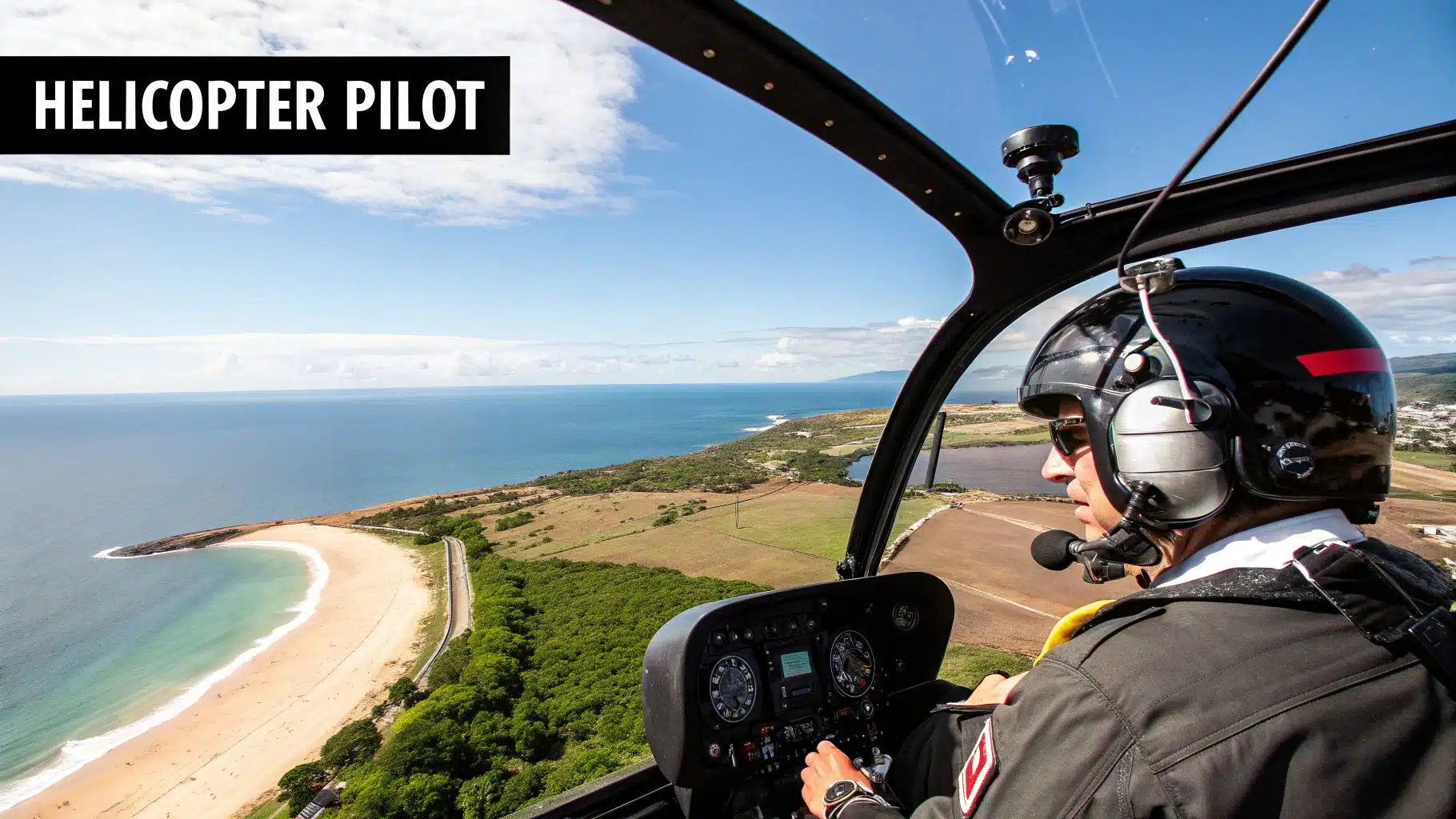 The Top 12 Aviation Jobs for Pilots in 2026: A Career Roundup 3 Helicopter pilot in cockpit, flying over a scenic coastline with a sandy beach and blue ocean.