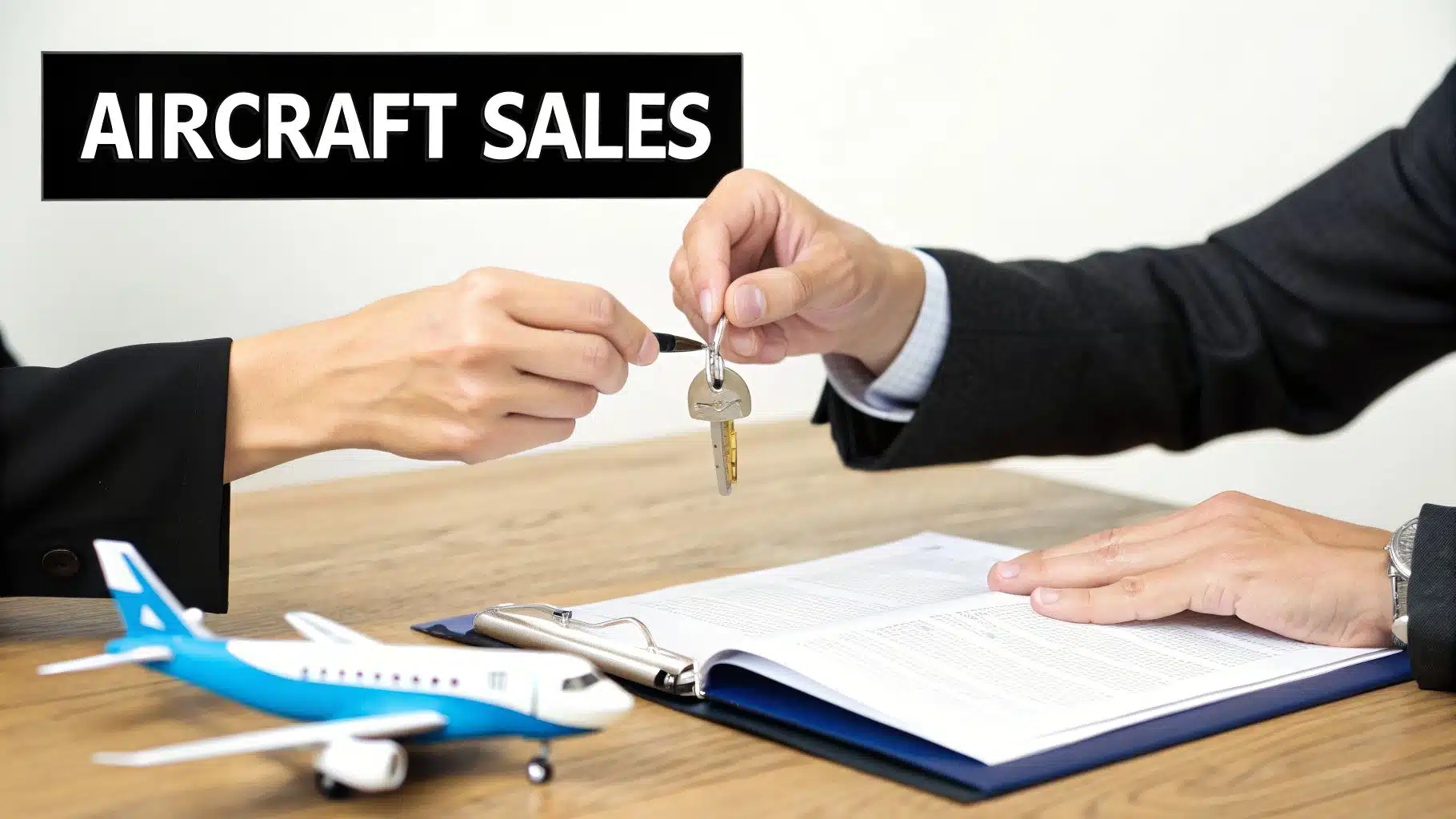 Commercial Pilot Starting Salary Guide for 2026 5 A man hands keys and a pen to another person over documents and a model airplane, signifying an aircraft sales deal.