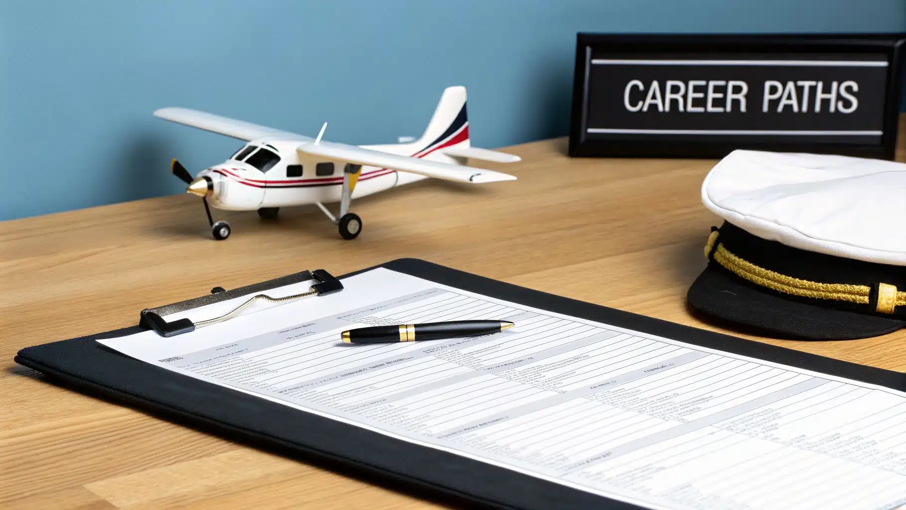 Commercial Pilot Starting Salary Guide for 2026 3 A desk with a model airplane, pilot's hat, clipboard, and a 'CAREER PATHS' sign.