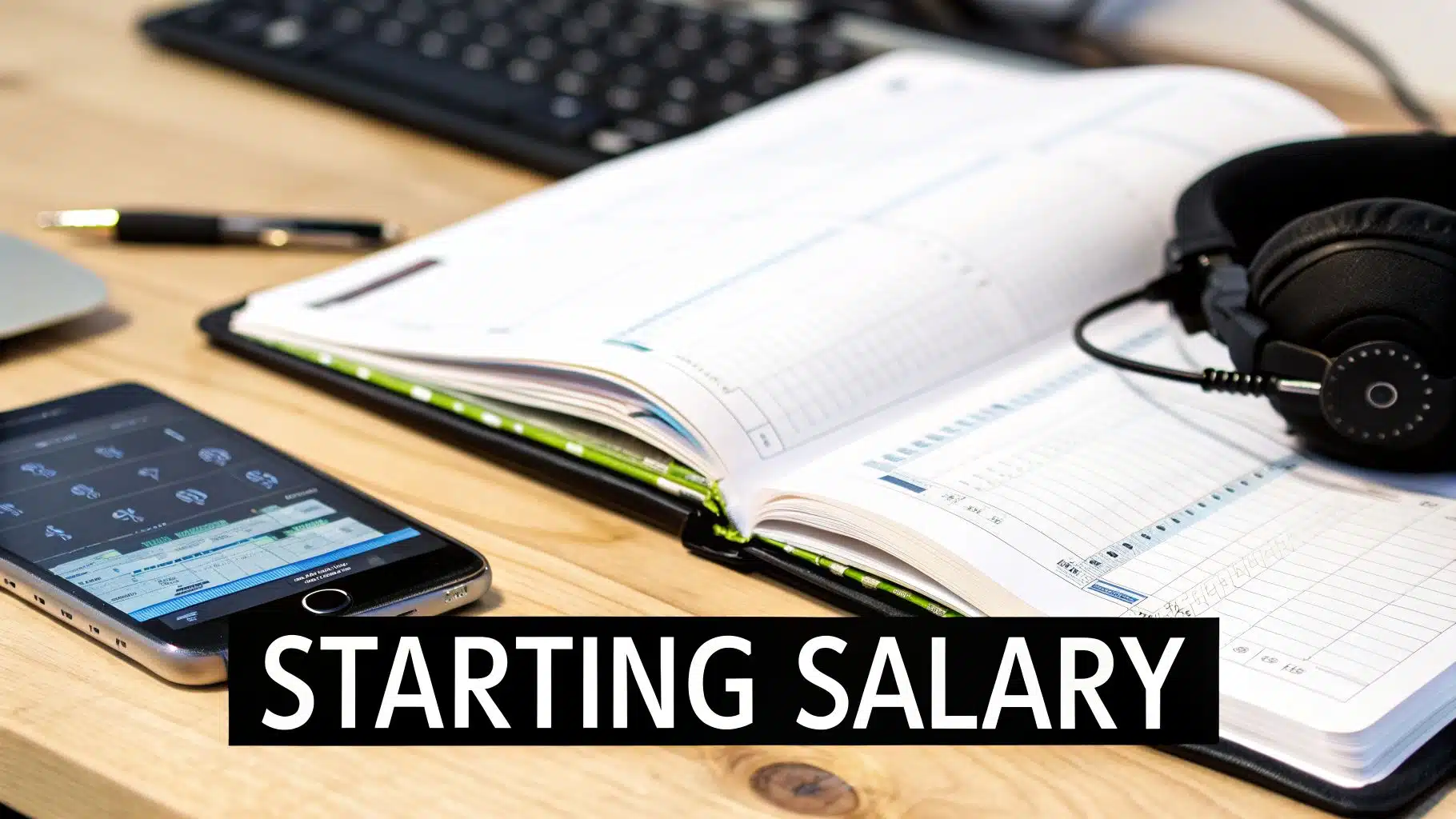 Commercial Pilot Starting Salary Guide for 2026 2 A desk with an open planner, smartphone, headphones, pen, and keyboard, with 'STARTING SALARY' overlay.