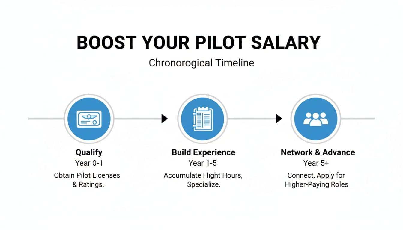 Commercial Pilot Starting Salary Guide for 2026 4 Infographic timeline illustrating the chronological path to increase a commercial pilot's salary.