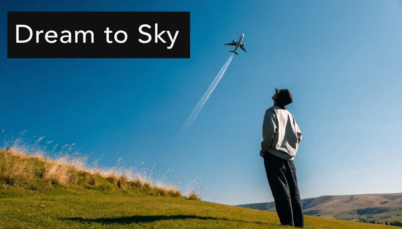 Experience Flying a Plane: Discover Your Pilot Journey 2 A person wearing a bucket hat gazes up at an airplane soaring through a clear blue sky.