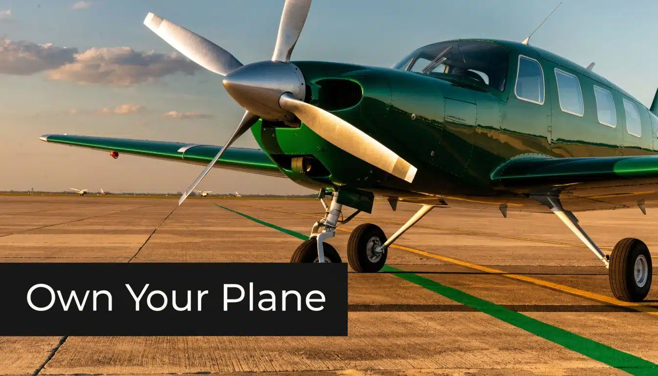 Experience Flying a Plane: Discover Your Pilot Journey 5 A green propeller airplane parked on an airport runway with the text Own Your Plane overlaid.