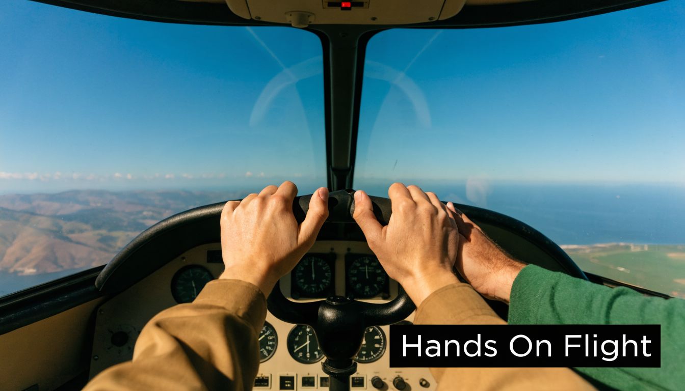 Experience Flying a Plane: Discover Your Pilot Journey 4 A pilot and instructor's hands on the yoke of a small aircraft during a scenic flight.