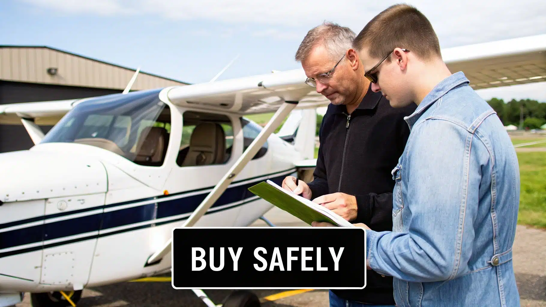 Pass the FAA Private Pilot Knowledge Exam in 2026 5 An instructor and student pilot review pre-flight documents by a small white aircraft.