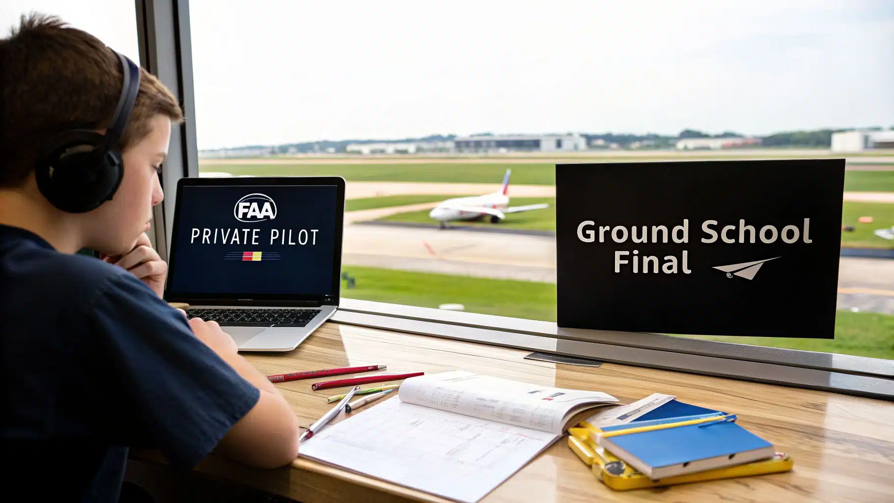 Pass the FAA Private Pilot Knowledge Exam in 2026 2 Young person studying for FAA private pilot exam at airport with laptop and ground school materials.