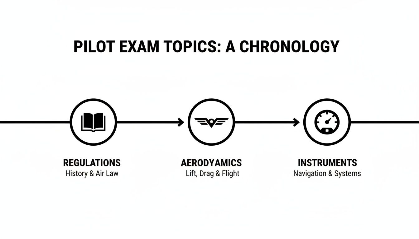 Pass the FAA Private Pilot Knowledge Exam in 2026 3 A chronological infographic showing pilot exam topics: Regulations, Aerodynamics, and Instruments, with icons.