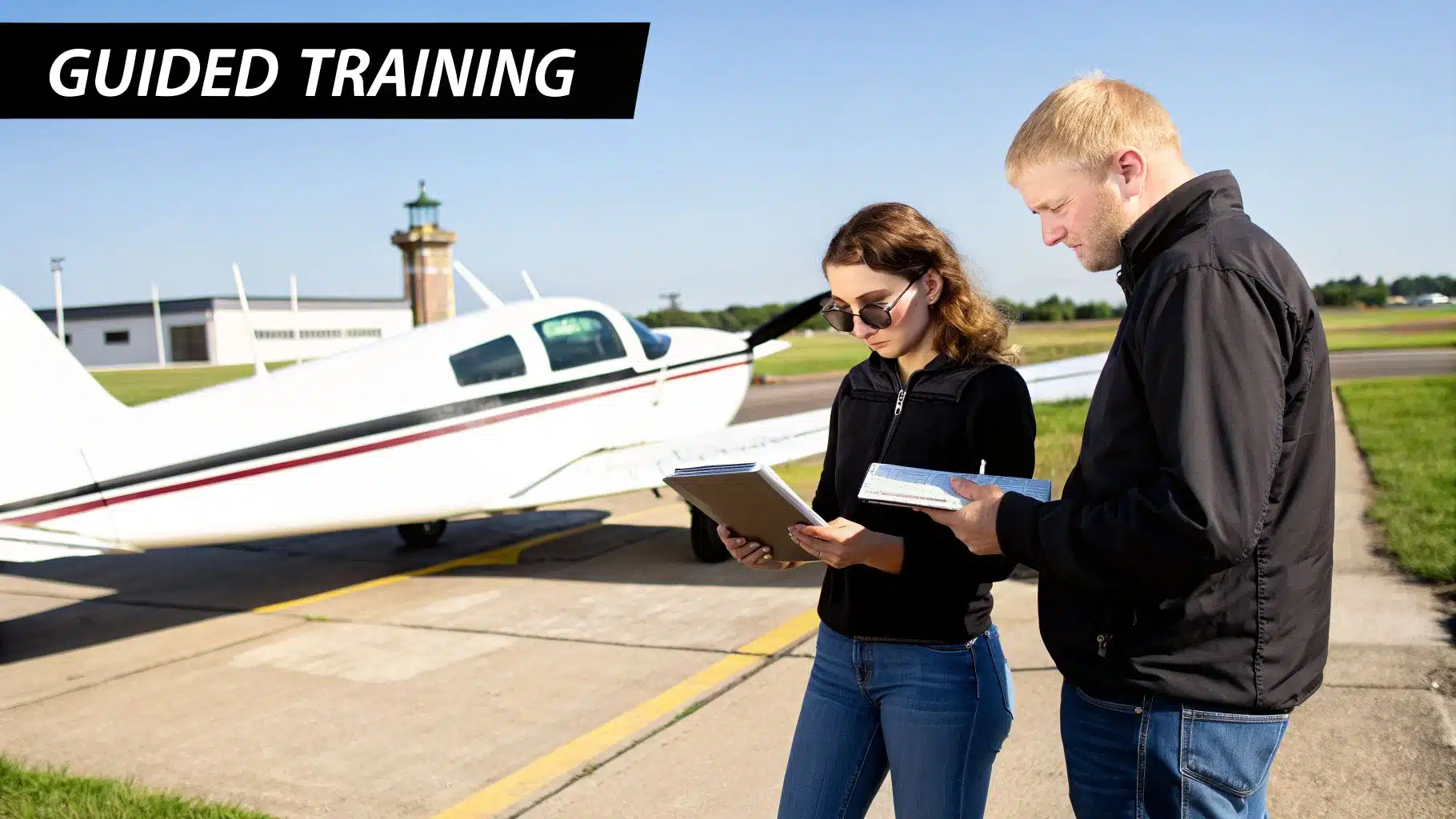 Pass the FAA Private Pilot Knowledge Exam in 2026 4 Two pilots, an instructor and a student, reviewing documents next to a small white airplane on an airfield.