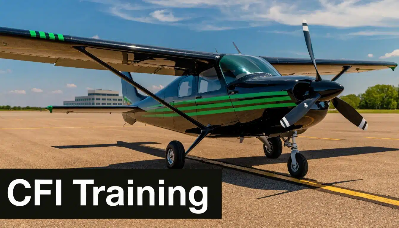 Flight Instructor Requirements: Your 2026 CFI Guide 4 A black and green light aircraft parked on an airport tarmac for flight instructor training.