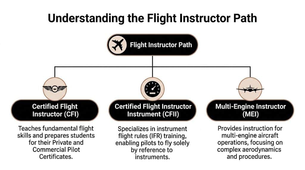 Flight Instructor Training Program: Your Career Launchpad 2 A diagram outlining the flight instructor path including CFI, CFII, and MEI certifications and their specialized focus.