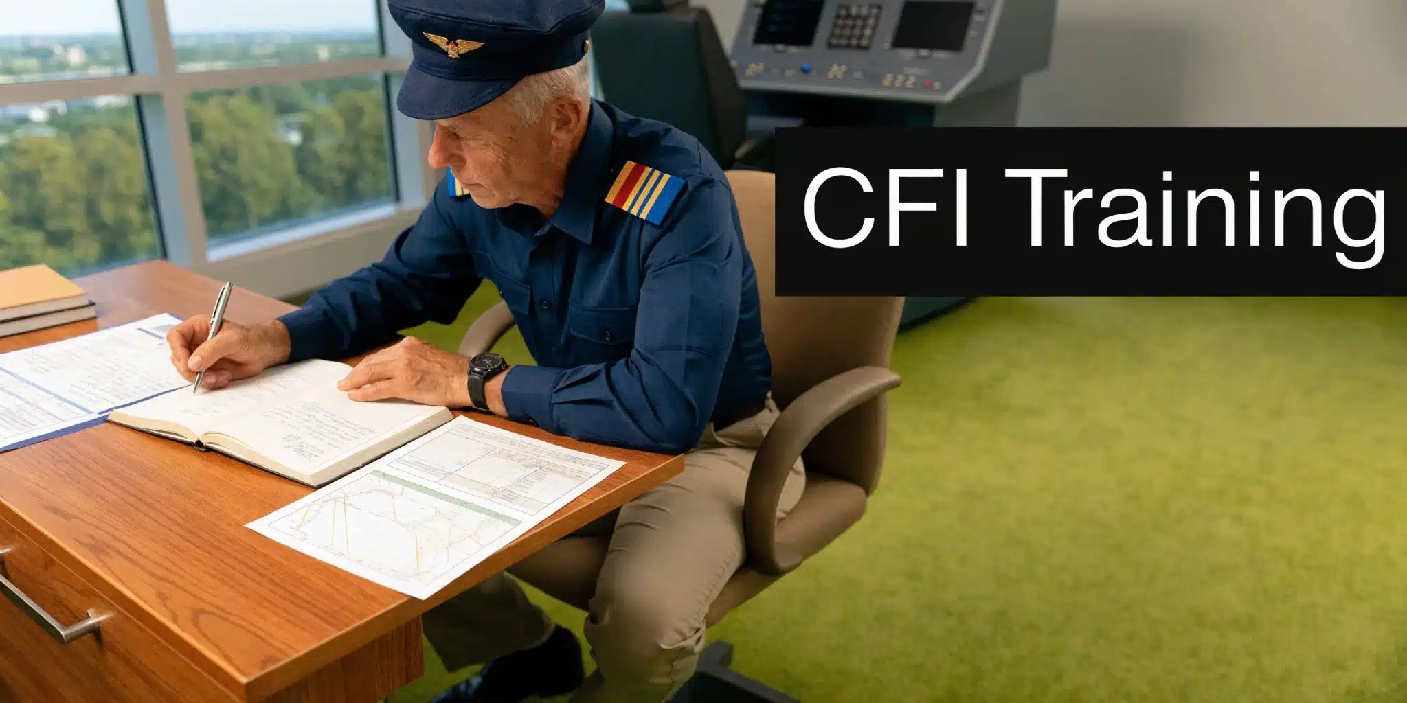 Flight Instructor Training Program: Your Career Launchpad 3 An older male pilot in uniform writing in a flight logbook while sitting at a desk.