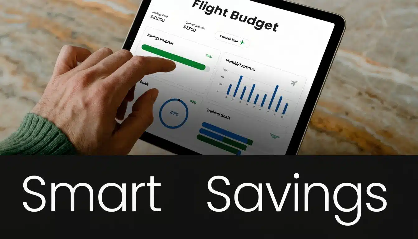 Flight Training Cost 2026: License Pricing & Savings 4 A hand using a tablet displaying a Flight Budget dashboard with savings progress and monthly expense charts.