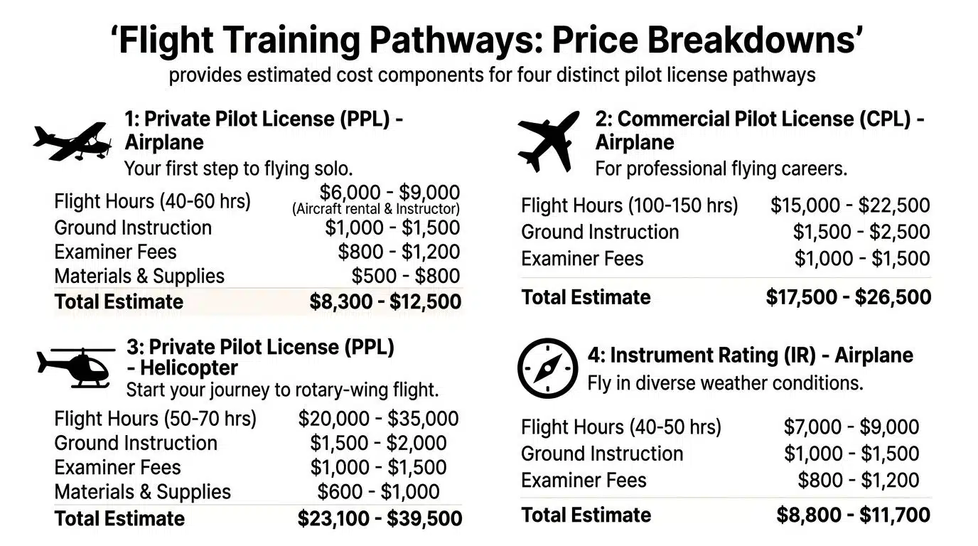 Flight Training Cost 2026: License Pricing & Savings 3 A chart detailing the estimated cost breakdown for obtaining four different types of pilot licenses.