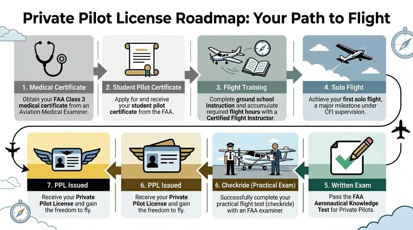 Flying Small Plane: Your 2026 Roadmap to the Sky 3 A visual roadmap showing the seven steps required to obtain an FAA private pilot license.
