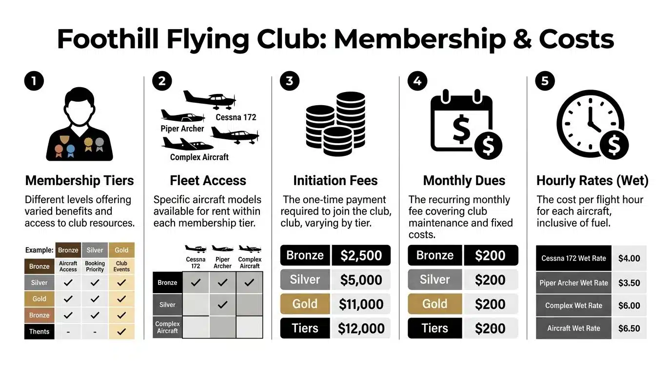 Foothill Flying Club: Membership & Fleet Guide 3 An infographic detailing the membership tiers, fleet access, fees, dues, and hourly aircraft rental rates.
