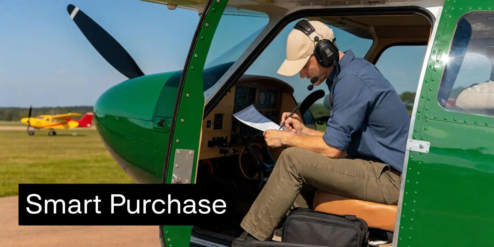 Foothill Flying Club: Membership & Fleet Guide 4 A pilot sitting inside a small green airplane writing on a checklist before a flight.