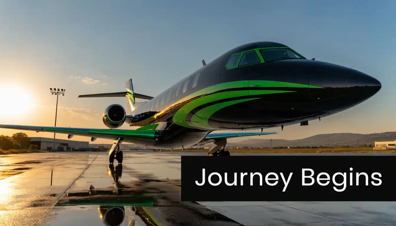 How to Become a Corporate Jet Pilot: A 2026 Roadmap 2 A sleek black and green corporate jet parked on an airport tarmac during a beautiful golden sunset.