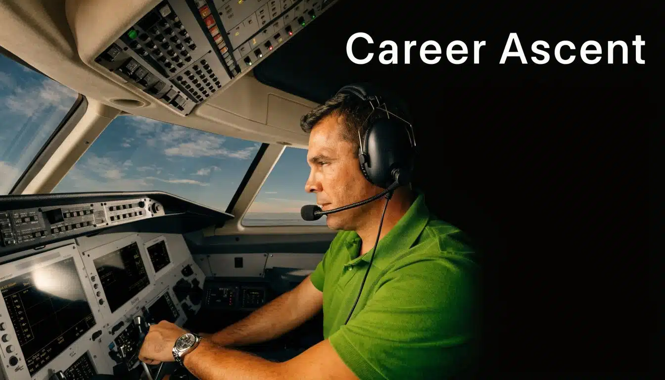 How to Become a Corporate Jet Pilot: A 2026 Roadmap 5 A male pilot wearing a headset in a corporate jet cockpit, with the words Career Ascent overlaid.