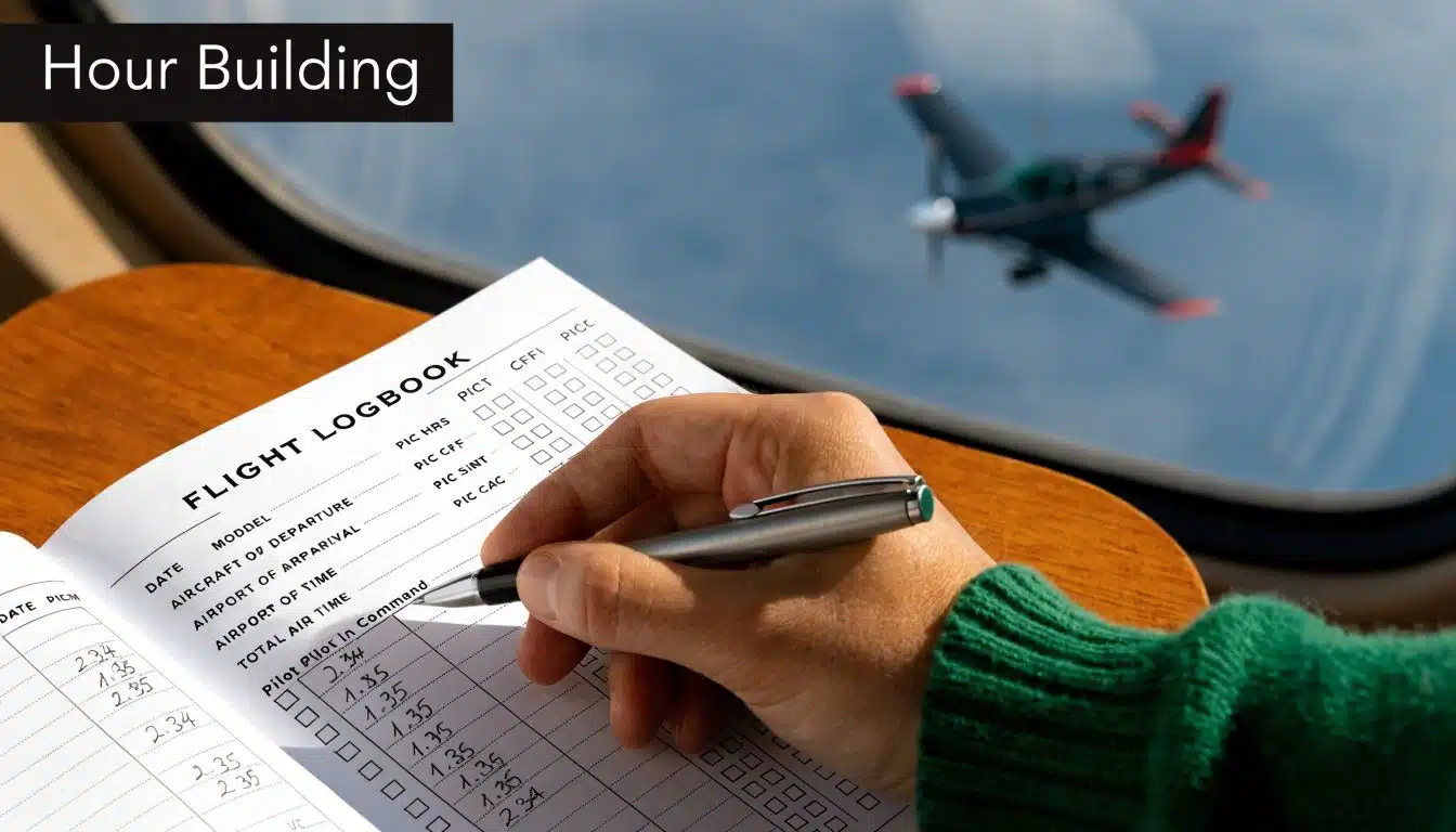 How to Become a Corporate Jet Pilot: A 2026 Roadmap 4 A pilot's hand writing flight times in a logbook during a flight inside a small aircraft.